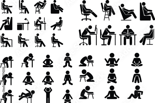 Sitting Postures Stick Figure Silhouette Icon Set 