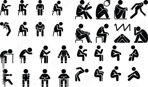 Sitting Postures Stick Figure Silhouette Icon Set 