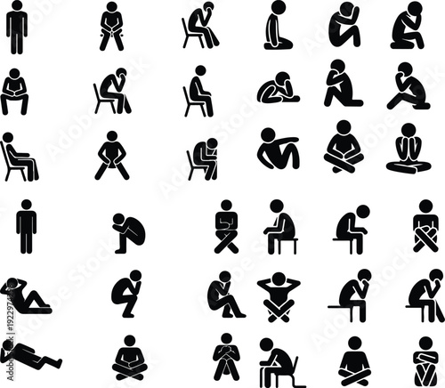 Sitting Postures Stick Figure Silhouette Icon Set 