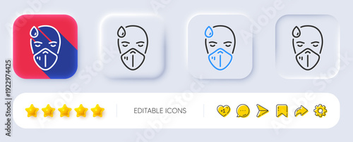 Sick man with medical mask line icon. Neumorphic, Flat shadow, 3d buttons. Safety respiratory mask sign. Coronavirus face protection symbol. Line sick man icon. Social media icons. Vector