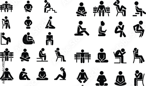 Sitting Postures Stick Figure Silhouette Icon Set 
