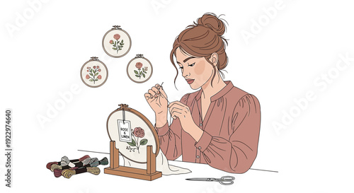 Woman Embroidering Flowers on Hoop, Crafting Hobby, Textile Art, Needlework