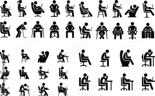 Sitting Postures Stick Figure Silhouette Icon Set 