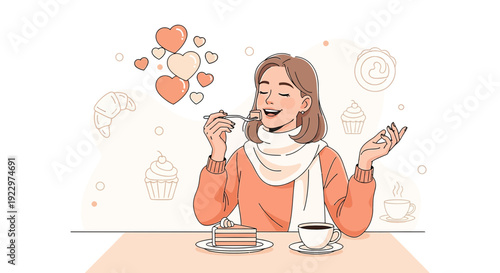 Woman enjoying cake and coffee with hearts and pastries illustration