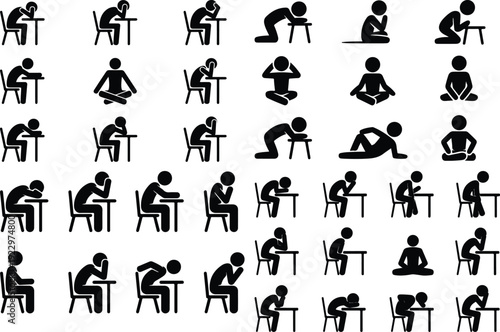 Sitting Postures Stick Figure Silhouette Icon Set 