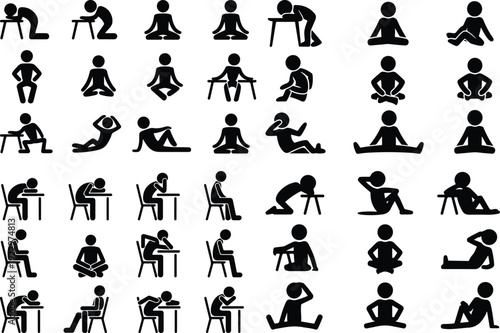 Sitting Postures Stick Figure Silhouette Icon Set 