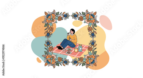 Woman Enjoying Picnic Inside Floral Frame, Abstract Shapes Background