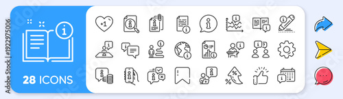 Info center line icons. Interest rate, AI generate, Inflation icons. Reception information, Journey path, Guide book. Call center, Faq chat bubbles, Info help desk icons. Vector