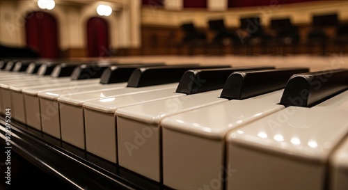 Close-up of Piano Keys in a Concert Hall.