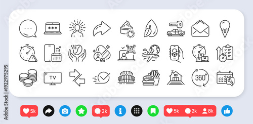 Car key, Sports stadium and International flight line icons pack. Social media: share, comment, like icons. Mail, Delivery app, 360 degrees web icon. Yoga, Laptop password, Sun cream pictogram. Vector