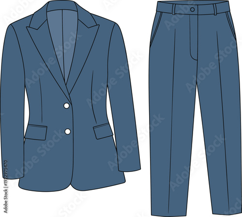 Formal blazer and dress pants flat vector cad illustration for men’s fashion, suitable for apparel design, tech packs, and presentation