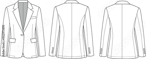 Formal blazer technical sketch, front and back view, fashion cad drawing, vector template, detailed clothing illustration, flat fashion design
