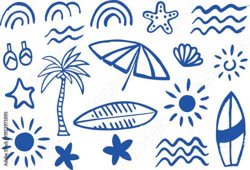A collection of blue beach icons on a white background including umbrella palm tree and surfboard