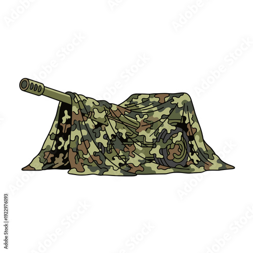 Military artillery cannon hidden under camouflage net isolated on white background. Concept of warfare defense and armed forces equipment