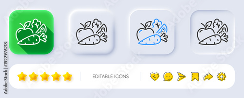 Vegetables line icon. Neumorphic, Flat shadow, 3d buttons. Lettuce, carrot with tomato sign. Low calories food symbol. Line vegetables icon. Social media icons. Vector