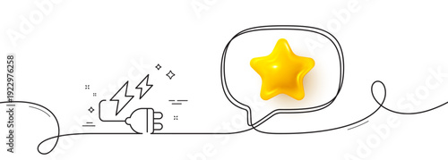 Electricity plug line icon. Continuous line with 3d star. Energy type for battery sign. Lightning bolt symbol. 3d star in speech bubble. Electricity plug single line ribbon. Loop curve pattern. Vector