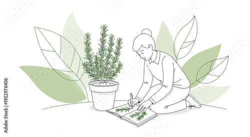 Woman Drawing Plant Leaves in Sketchbook - Nature Study Illustration