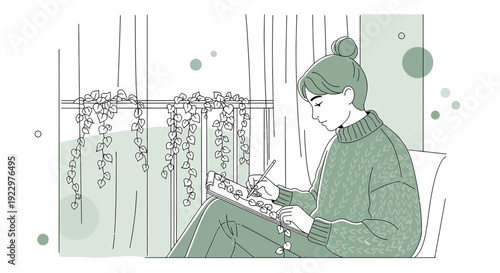 Woman Drawing Plants Indoors with Greenery and Natural Light