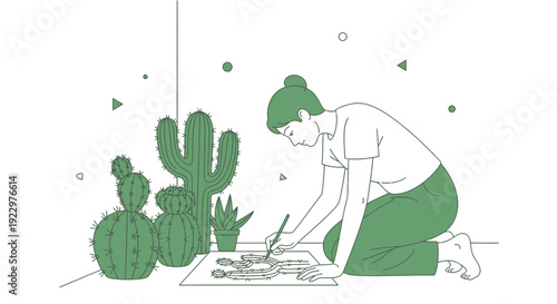 Woman Drawing Cactus Plants in Minimalist Line Art Style