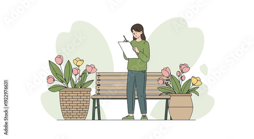 Woman Drawing Flowers in Garden Park, Artist Sketching Nature
