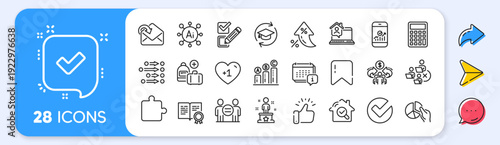 Continuing education, Calendar and Verify line icons. Interest rate, AI generate, Inflation icons. Pack of Receive mail, Work home, Order icon. Checkbox, Confirmed, Add handbag pictogram. Vector