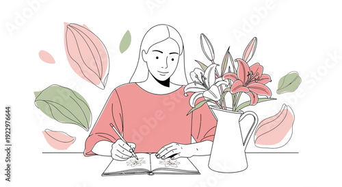 Woman Drawing Flowers in Notebook, Artistic Creative Process, Lifestyle Illustration