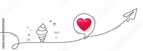 Ice cream line icon. Continuous line with share plane. Vanilla sundae cone sign. Frozen summer dessert symbol. 3d heart in speech bubble. Ice cream single line ribbon. Loop curve pattern. Vector