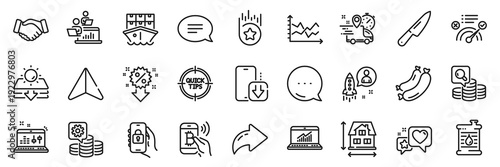 Chat, Tips and Phone download line icons pack. Share, Message, Paper plane icons. Discount, Express delivery, Teamwork web icon. Oil barrel, Heart, Inspect pictogram. Vector