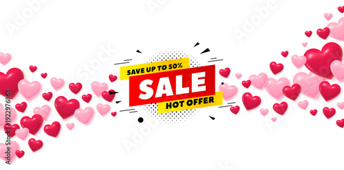 Sale 50 percent love banner with 3d hearts. Flying hearts background. Sale 50 percent off banner. Discount sticker shape. Hot offer icon. Valentines day greeting card. Vector