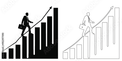 Businessman climbing up rising bar chart with arrow showing growth and success