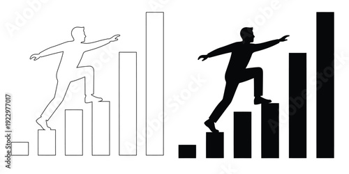 Man climbing steps of a bar chart, shown in solid and outline styles
