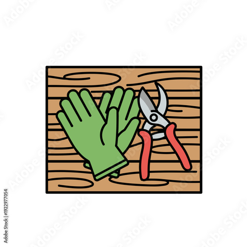 Gardening gloves and pruning shears on wooden table isolated on white background. Concept of garden maintenance and spring preparation