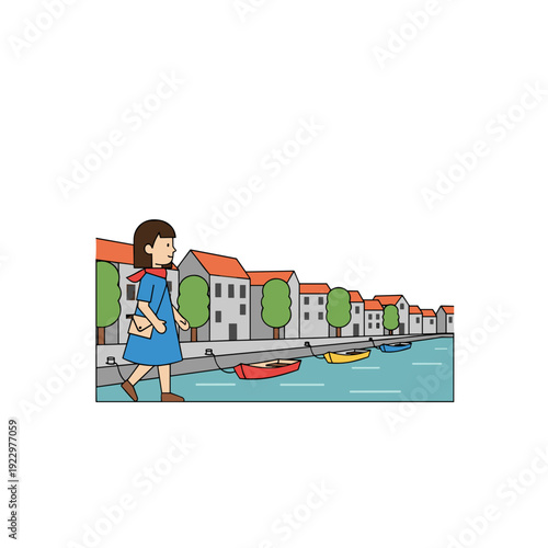 Young woman walking along canal with colorful boats and european houses isolated on white background. Concept of travel and peaceful city stroll