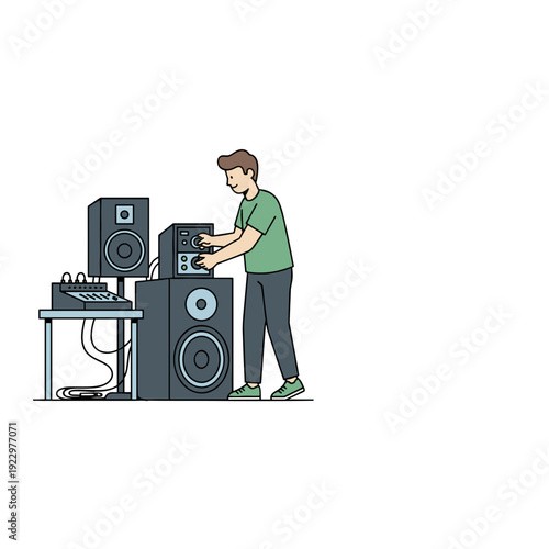 Young man adjusting large audio speakers and amplifier for home music system setup concept of sound engineering and entertainment technology