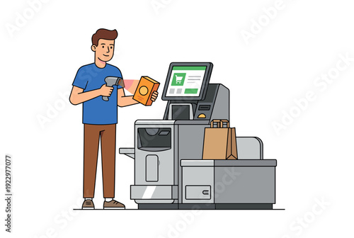 Customer scanning product with barcode scanner at self checkout machine in modern supermarket concept of retail automation and cashless payment