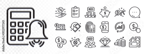 Online auction, Online accounting and Update data line icons for web app. Glare of light effect. Message icon. Pack of Growth chart, Checklist, Money pictogram icons. Vector