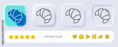 Croissant line icon. Neumorphic, Flat shadow, 3d buttons. Bakery food sign. Pastry bun symbol. Line croissant icon. Social media icons. Vector