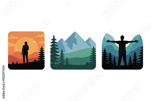 Silhouette of person embracing nature at sunrise and mountains