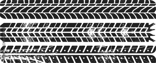 A clean minimalist graphic design featuring tire tracks and tread patterns for automotive and industrial applications
