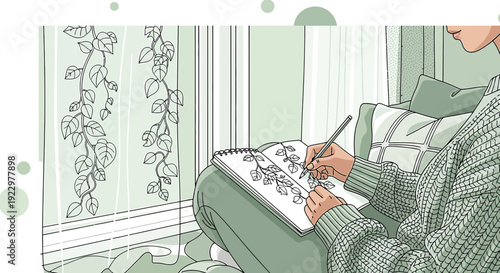 Woman Drawing Botanical Sketch in Cozy Knit Sweater by Window