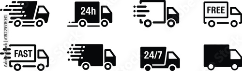 Black and white vector illustration set of delivery truck icons, showcasing express, 24-hour, free, and 24/7 shipping services for educational logistics graphics