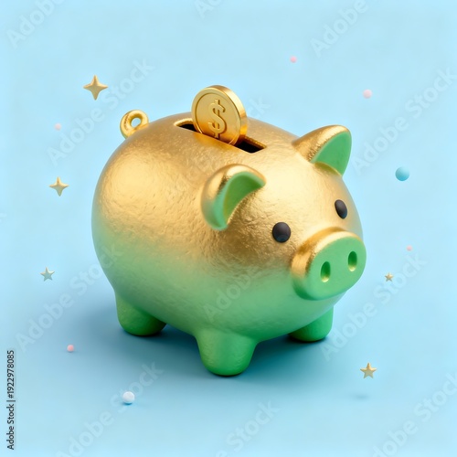 Golden Savings: Cute 3D Piggy Bank in Pastel Dreamscape