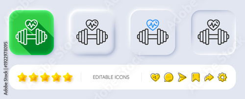 Dumbbell with heartbeat line icon. Neumorphic, Flat shadow, 3d buttons. Workout equipment sign. Cardio Gym fit symbol. Line dumbbell icon. Social media icons. Vector