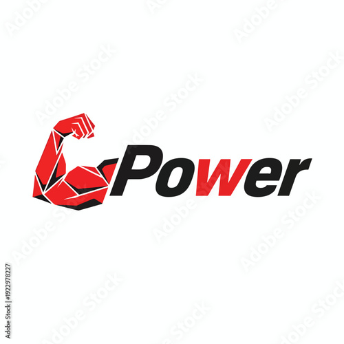 Dynamic geometric bicep flexing alongside 'Power' text emblem, symbolizing strength and fitness in a vector design