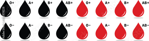 Set of blood type icons for medical use. All major positive and negative groups collection. Minimalist drop symbols represent healthcare donation and transfusion services isolated vector design.