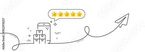 Mobile inventory line icon. Continuous line with share plane. Wholesale app sign. Warehouse boxes symbol. Five star rate review in speech bubble. Mobile inventory single line ribbon. Vector