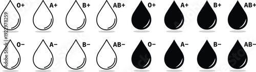Set of blood type icons for medical use. All major positive and negative groups collection. Minimalist drop symbols represent healthcare donation and transfusion services isolated vector design.
