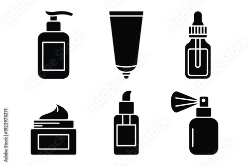 Cosmetic product bottles and tubes, beauty and skincare icons