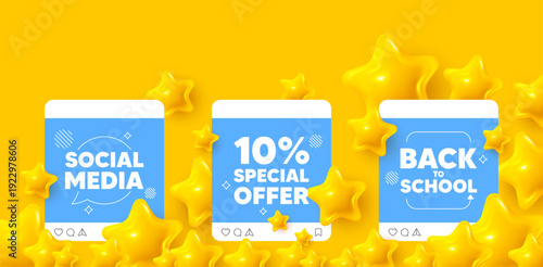 Discount social media post. Back to school template. 10 percent discount offer tag. Sale price promo sign. Special offer symbol. Like, comment and share icons. Vector