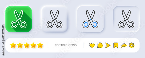 Cut line icon. Neumorphic, Flat shadow, 3d buttons. Tailor, hairdresser or barber scissors sign. Shears symbol. Line cut icon. Social media icons. Vector